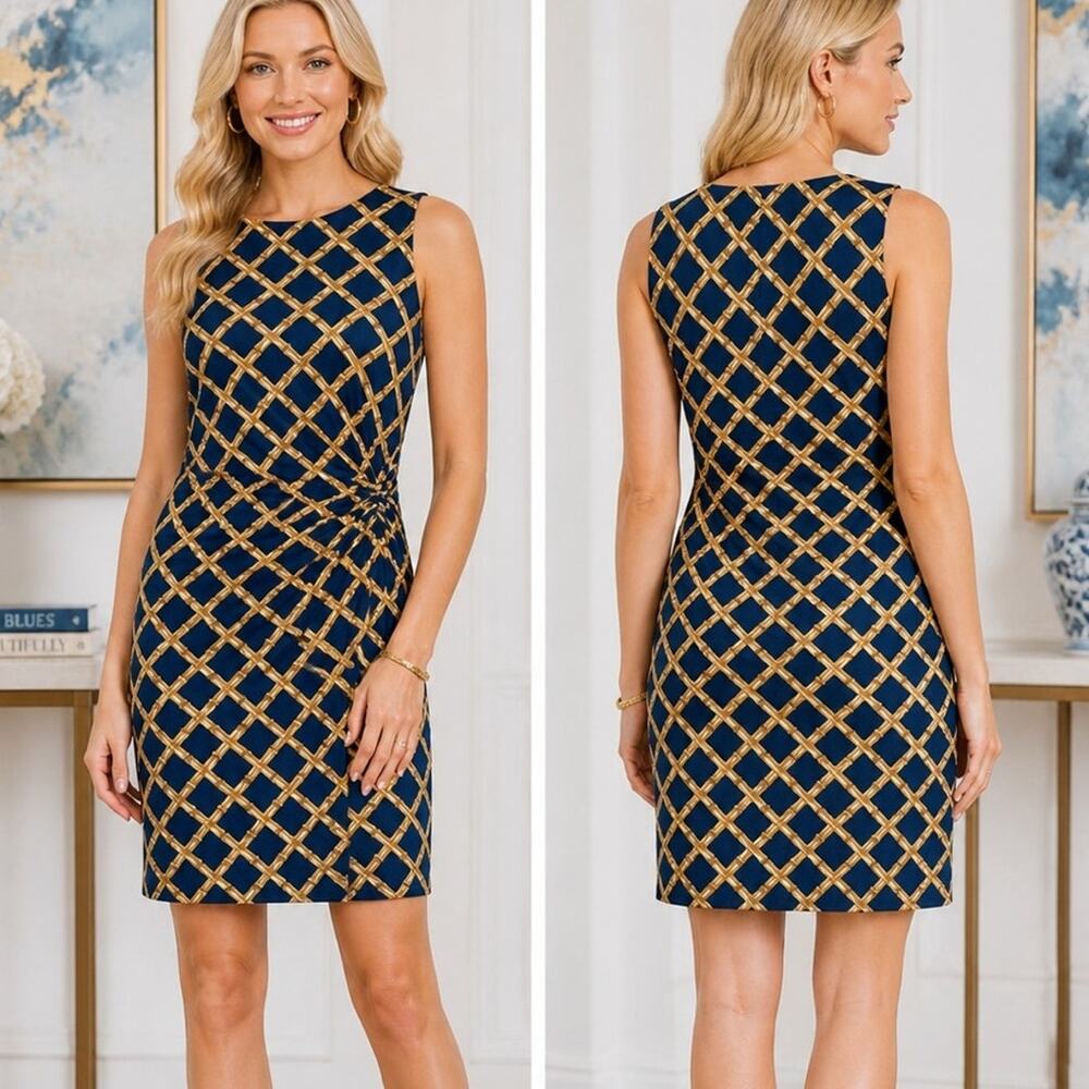 J. McLaughlin Blue Gold Bamboo Print Sleeveless Ruched Sheath Dress Size XS